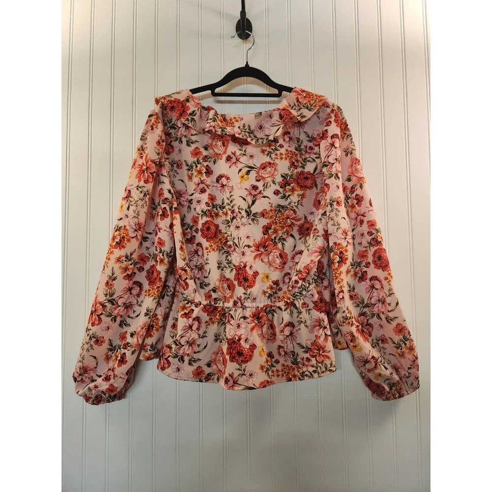 Old Navy Women Blush Floral Ruffle Babydoll  Blouse Size L Fairy Whimsical Flowy
